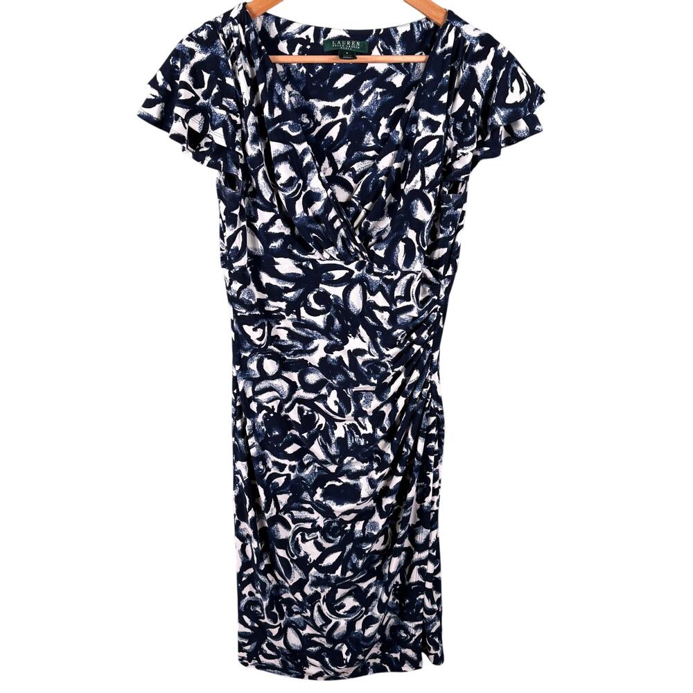 Lauren Ralph Lauren Women's 8 Blue White Floral Slit Ruched Sheath‎ Wrap Dress